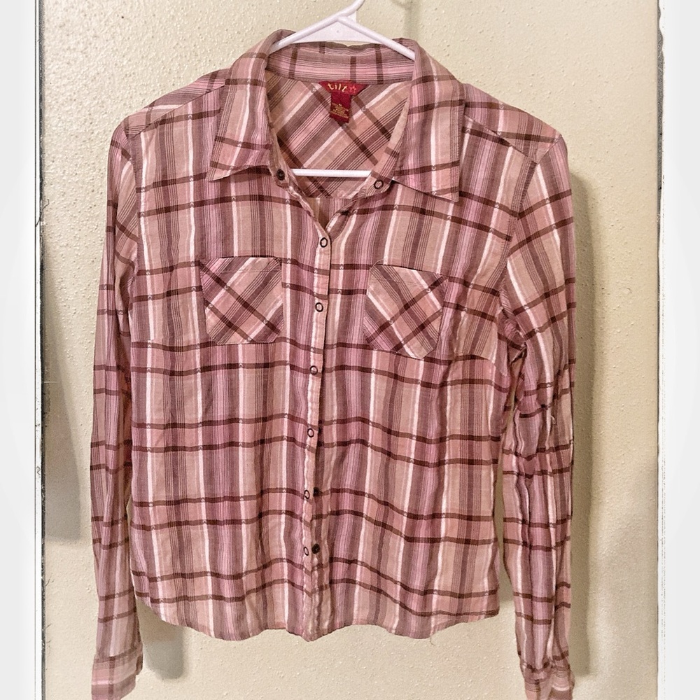 TILT Pink Plaid Button Down Shirt